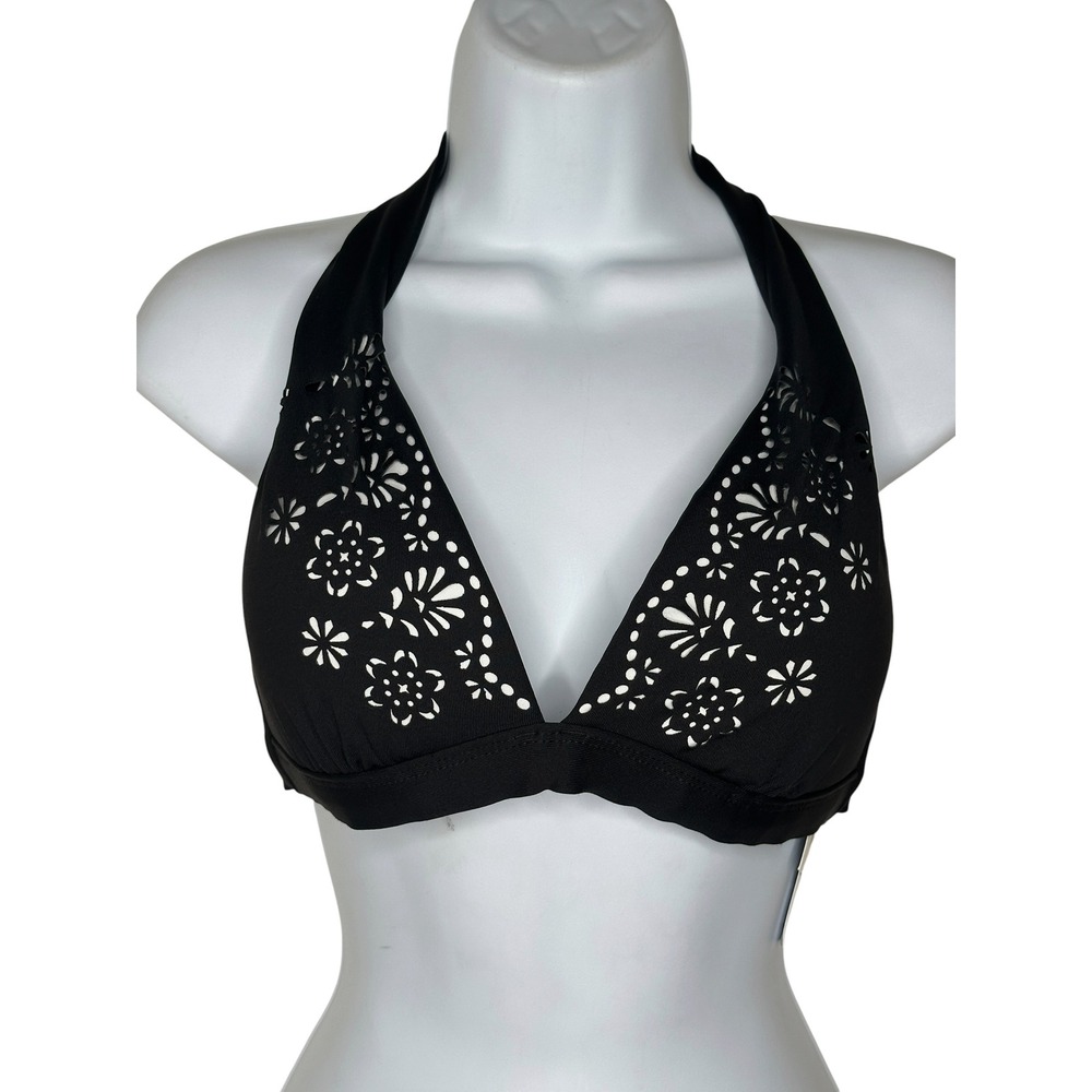 New Liz Claiborne Bikini Top 10 Black Laser Cut Floral Halter Swimwear Swim